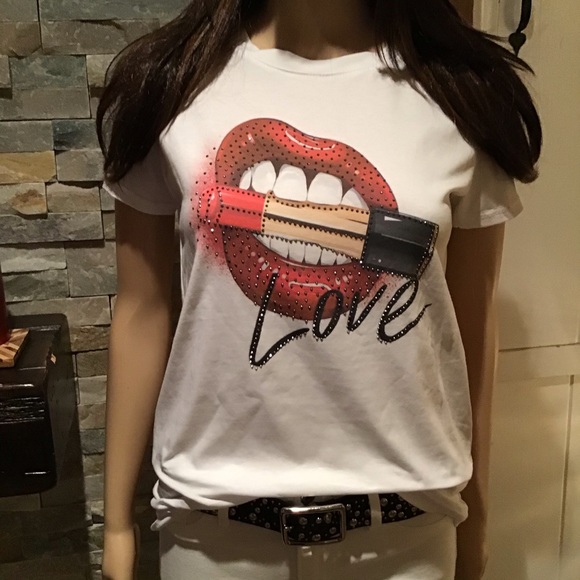COTTON WHITE T~SHIRT QUALITY CRYSTAL EMBELLISHED “LOVE LIP STICK” SLIGHT STRETCH - Picture 4 of 13